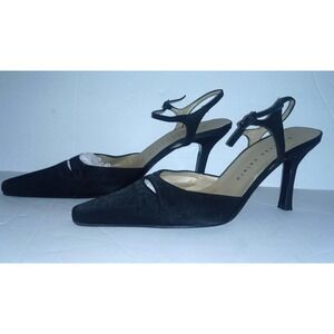 MARTINEZ VALERO sz 8B Black Satin Pointed Toe Ankle Strap Heels shoes Brazil